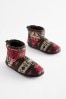 Black/Red Print Borg Lined Boot Slippers