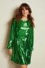 Green Long Sleeve Belted Sequin Mini Dress, Regular