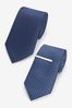Navy Blue Textured Tie With Tie Clips 2 Pack