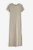 Stone Grey Ribbed T-Shirt Style Maxi Column Dress With Slit Detail, Regular