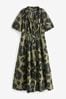 Khaki Green Animal Print Puff Sleeve Midi Dress, Regular