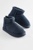 Navy Blue Short Warm Lined Suede Slipper Boots, Short