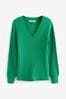 Green Ribbed V-Neck Jumper