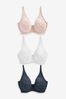 Navy Blue/Pink/White DD+ Cotton Blend Bras 3 Pack, Pad Full Cup