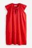 Red Linen Blend Tie Neck Mini Summer Dress, Regular