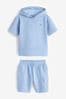 Teal Blue Short Sleeve Textured Work Hoodie and Shorts Set (3mths-7yrs)