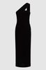 Black Reiss Abbey Velvet One-Shoulder Midi Dress
