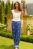 Cobalt Blue Embroidered Wide Leg Trousers With Linen, Regular