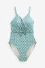 Blue/White Geometric Scion Metsa Belted Tummy Shaping Control Wrap Swimsuit