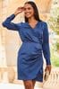Sosandar Blue Satin Long Sleeve Wrap Print Dress