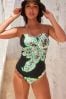Black/Green Floral Tummy Shaping Control Bandeau Swimsuit, Regular