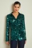 Green Long Sleeve Sequin Ruched Shirt