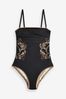 Black/Nude Lace Cutout Bandeau Tummy Shaping Control Swimsuit