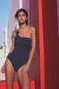 Navy Blue Bow One Shoulder Tummy Shaping Control Swimsuit
