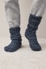 Blue Grey Block Cable Slipper Socks