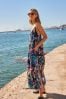 Navy Blue Floral Textured Volume Summer Maxi Dress, Regular