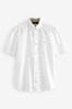 White Standard Collar Linen Blend Short Sleeve Shirt, Standard Collar