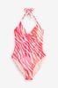 White/Pink Zebra Foil Halterneck Tummy Shaping Control Beaded Swimsuit