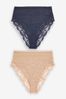 Neutral/Navy Blue High Rise High Leg Lace Knickers 2 Pack