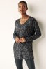 Black Lace Print Printed Cosy V-Neck Long Sleeve Longline Tunic Jumper