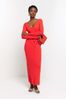 River Island Red Ribbed Belted Maxi Dress