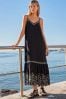 Schwarz und creme - Midaxi-Sommerkleid mit Trägern und Stickerei, Normale Passform