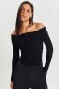 Black Off The Shoulder Zip Knitted Ribbed Top