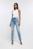 River Island Blue High Rise Ripped Mom Jeans