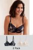 Navy Blue Floral Print/Cream Non Pad Full Cup Bras 2 Pack