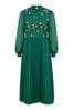 Yumi Green Embroidered Long Sleeve Pleated Midi Dress