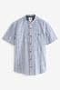 Blue Grandad Collar Textured Stripe Short Sleeve Shirt With Grandad Collar
