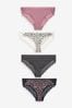 Black/Grey/Cream/Pink Printed Bikini Cotton and Lace Knickers 4 Pack, Bikini