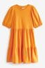 Orange Cotton Short Puff Sleeve Tiered Mini Dress