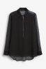 Black Embellished Zip Neck Longline Blouse, Regular