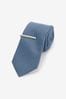Blue Slim Textured Tie And Clip Set, Slim