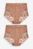 Neutral/Tan High Waist Brief Tummy Control Shaping Lace Back Brazilian Knickers 2 Pack, High Waist Brief