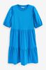Cobalt Blue Cotton Short Puff Sleeve Tiered Mini Dress