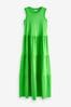 Green Sleeveless Crew Neck Tiered Summer Maxi Dress, Regular