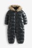 Black Shower Resistant High Shine Snowsuit With Faux Fur Hood Trim (9mths-7yrs)