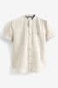 Stone Grandad Collar Linen Blend Short Sleeve Shirt