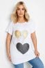 Yours Curve White Glitter Heart Print Top