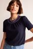 Boden Blue Smock Neck Puff Sleeve Top
