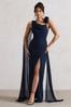 Club L London Navy Blue Angeline Chiffon Draped Split Maxi Dress With Corsages