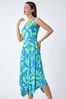 Roman Blue Tropical Print Pleated Maxi Stretch Dress