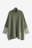 Khaki/Green Knitted Poncho with Stripe Sleeve
