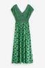 Green Print Shirred Waist V-Neck Sleeveless Maxi Dress, Regular