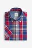 Red/Blue Check Regular Fit Short Sleeve Easy Iron Button Down Oxford Shirt, Regular Fit Short Sleeve