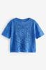 Bright Blue Short Sleeve Crochet Crew Neck T-Shirt, Regular