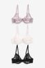 Black/Lilac Purple/Cream Non Pad Full Cup Lace Bras 3 Pack, Non Pad Full Cup