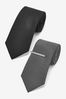 Black/Charcoal Grey Textured Tie With Tie Clip 2 Pack